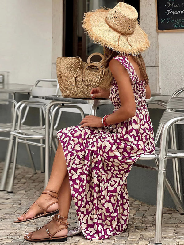 Levoire | Dame élégant imprimé élastique lanière jupe vacances style Fleur française lanière robe longue