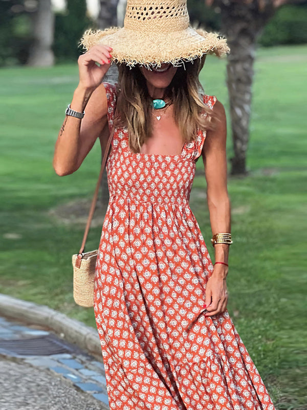 Levoire | Dame élégant imprimé élastique lanière jupe vacances style Fleur française lanière robe longue Muster4