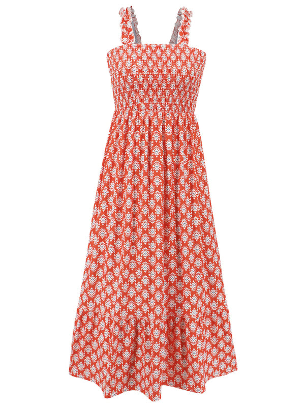 Levoire | Dame élégant imprimé élastique lanière jupe vacances style Fleur française lanière robe longue