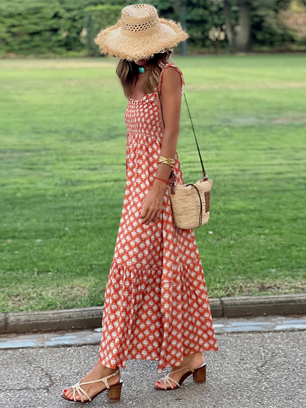Levoire | Dame élégant imprimé élastique lanière jupe vacances style Fleur française lanière robe longue