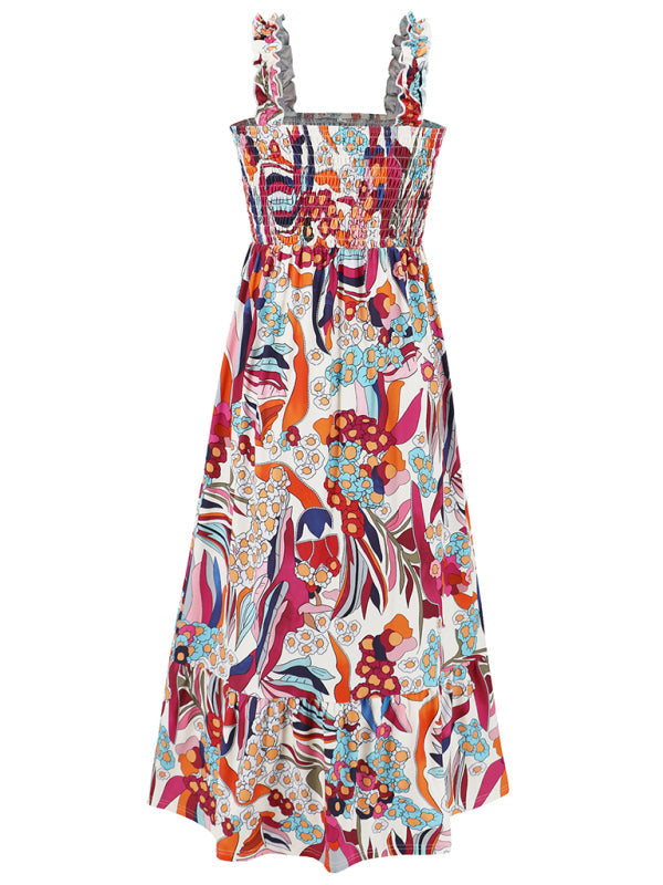 Levoire | Dame élégant imprimé élastique lanière jupe vacances style Fleur française lanière robe longue