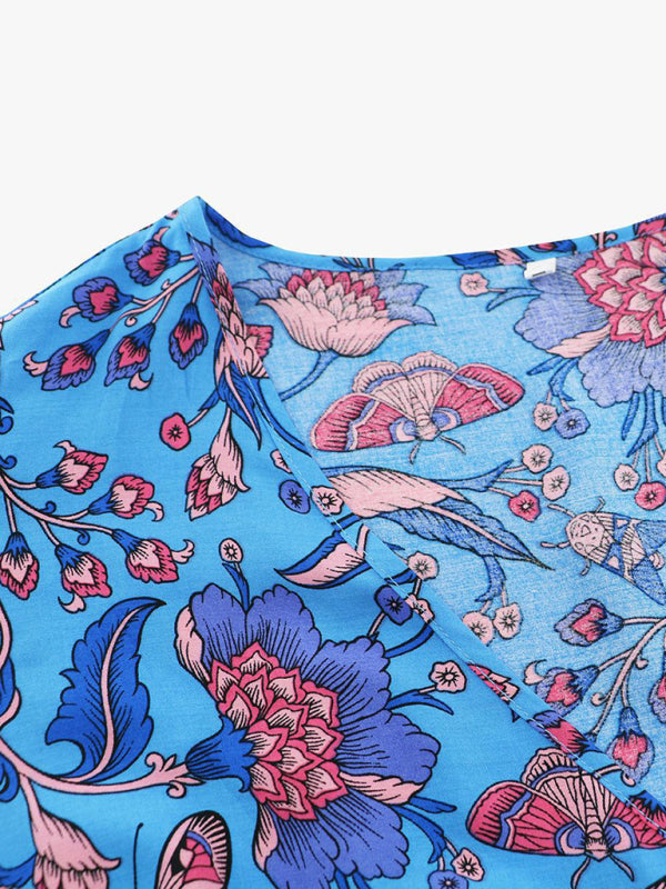 Levoire | Robe sexy à manches courtes en V, robe de plage rétro bohème à fleurs