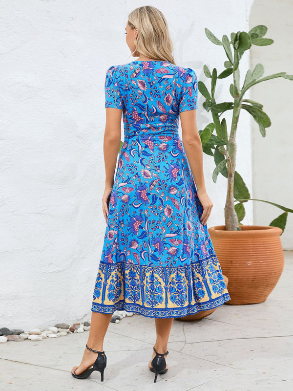 Levoire | Robe sexy à manches courtes en V, robe de plage rétro bohème à fleurs