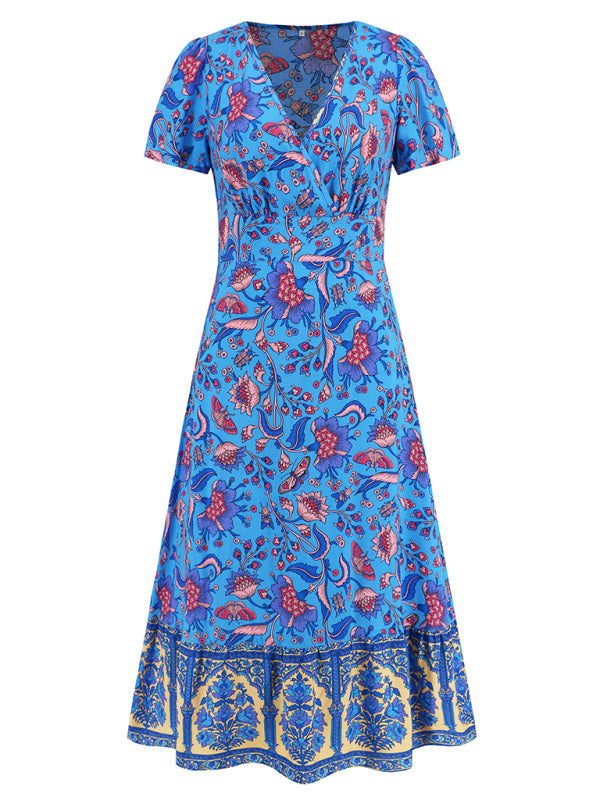 Levoire | Robe sexy à manches courtes en V, robe de plage rétro bohème à fleurs