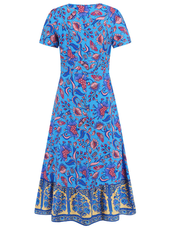 Levoire | Robe sexy à manches courtes en V, robe de plage rétro bohème à fleurs