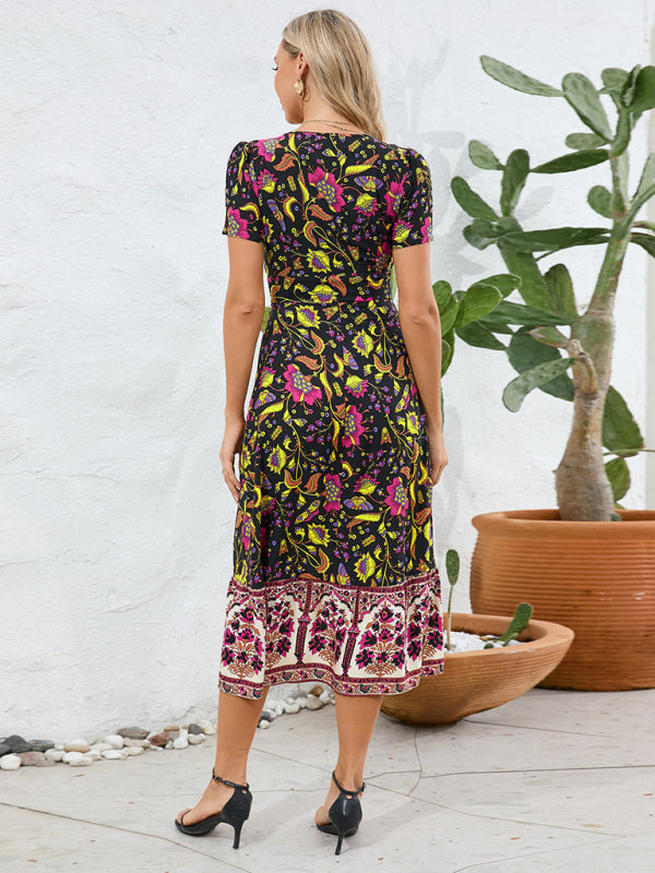 Levoire | Robe sexy à manches courtes en V, robe de plage rétro bohème à fleurs