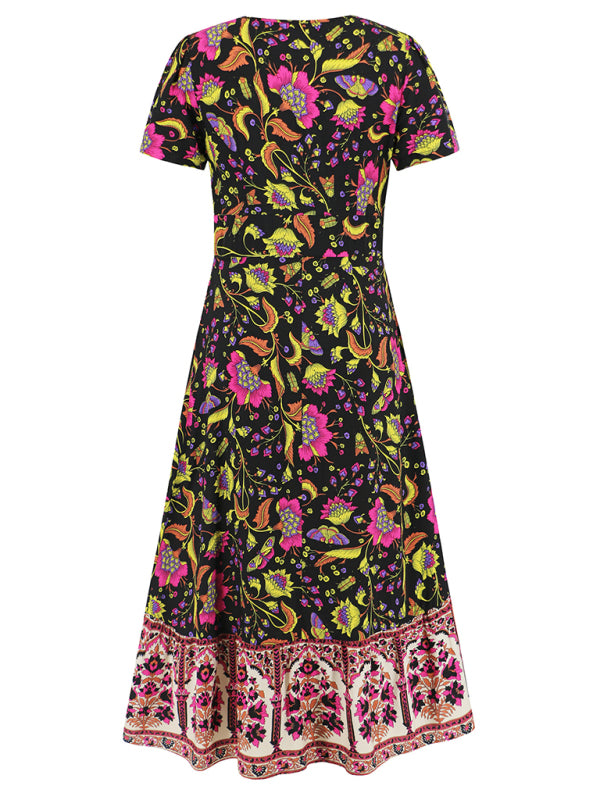 Levoire | Robe sexy à manches courtes en V, robe de plage rétro bohème à fleurs