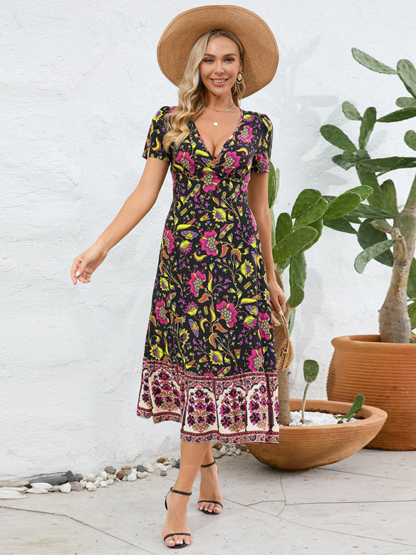Levoire | Robe sexy à manches courtes en V, robe de plage rétro bohème à fleurs Noir