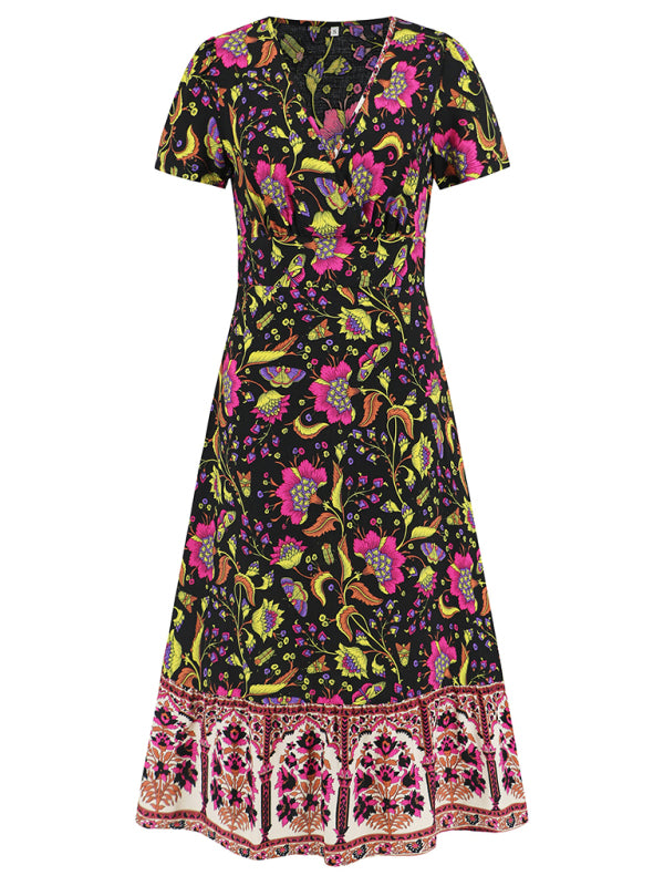 Levoire | Robe sexy à manches courtes en V, robe de plage rétro bohème à fleurs
