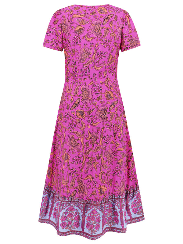 Levoire | Robe sexy à manches courtes en V, robe de plage rétro bohème à fleurs