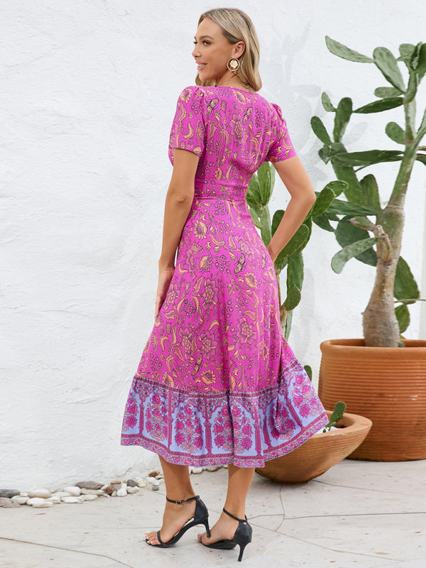 Levoire | Robe sexy à manches courtes en V, robe de plage rétro bohème à fleurs