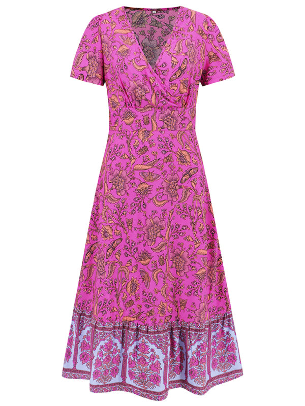 Levoire | Robe sexy à manches courtes en V, robe de plage rétro bohème à fleurs