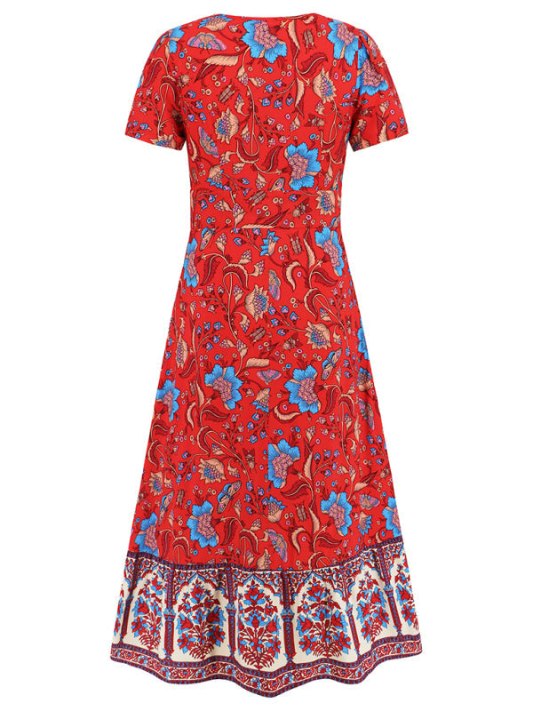 Levoire | Robe sexy à manches courtes en V, robe de plage rétro bohème à fleurs