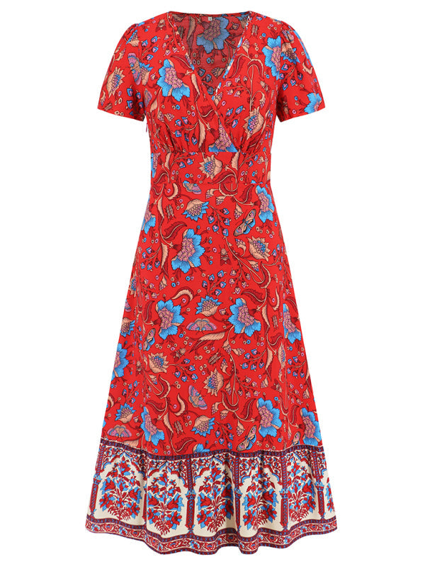 Levoire | Robe sexy à manches courtes en V, robe de plage rétro bohème à fleurs