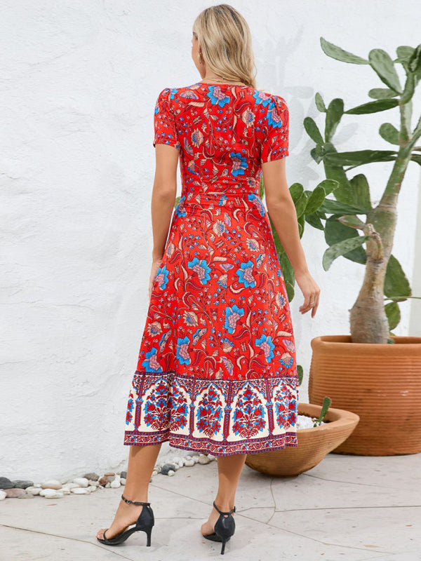 Levoire | Robe sexy à manches courtes en V, robe de plage rétro bohème à fleurs