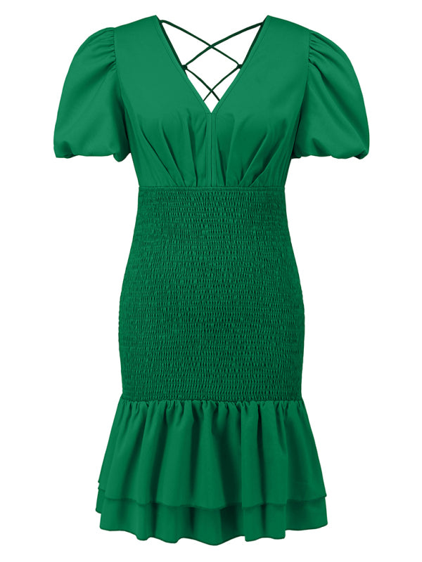 Levoire | Nouvelle robe courte moulante à décolleté en V froncée dos nu sans bretelles robe à manches bouffantes pour femmes