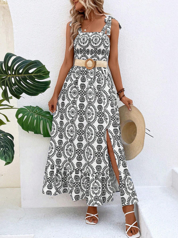 Levoire | Femmes nouvelle robe d'été à la mode à bretelles avec imprimé sans manches fente longue robe