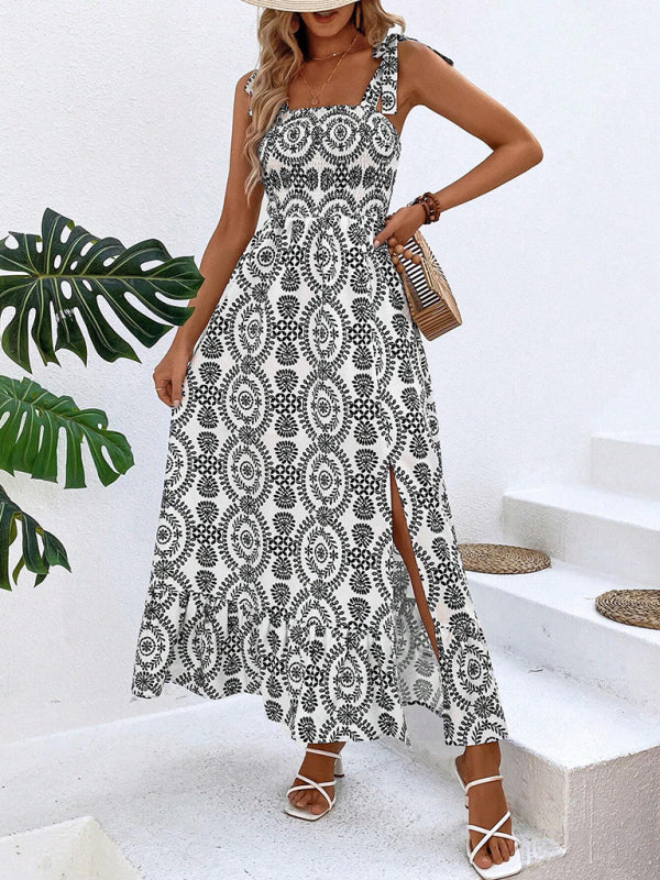 Levoire | Femmes nouvelle robe d'été à la mode à bretelles avec imprimé sans manches fente longue robe Noir