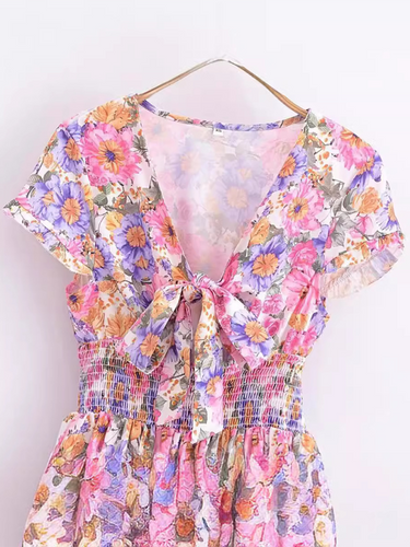 Levoire | Nouvelle robe à fleurs française à poches taille couture jupe évasée à manches courtes