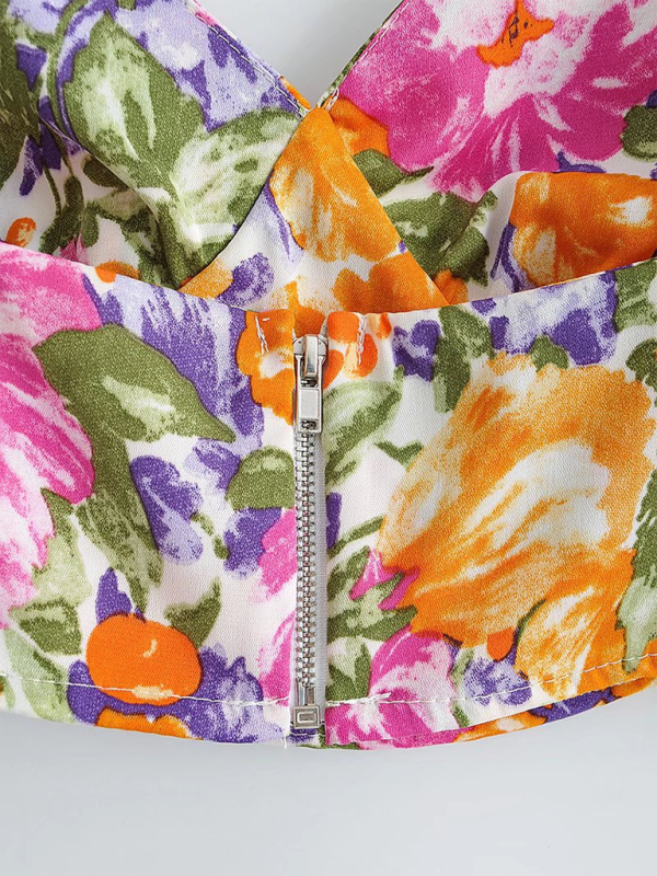 Levoire | Jupes rétro françaises à bretelles à fleurs et jupe haute élastique avec volant imprimé комплект