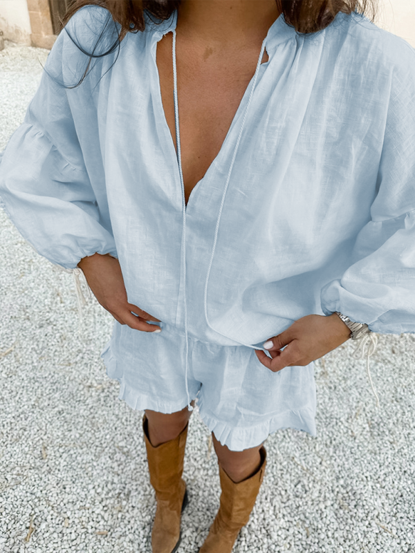 Levoire | Mode unicolore loose V décolleté à manches courtes lacé taille haute shorts ensemble deux pièces