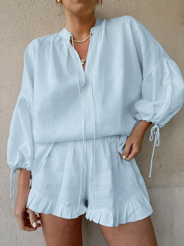 Levoire | Mode unicolore loose V décolleté à manches courtes lacé taille haute shorts ensemble deux pièces Bleu
