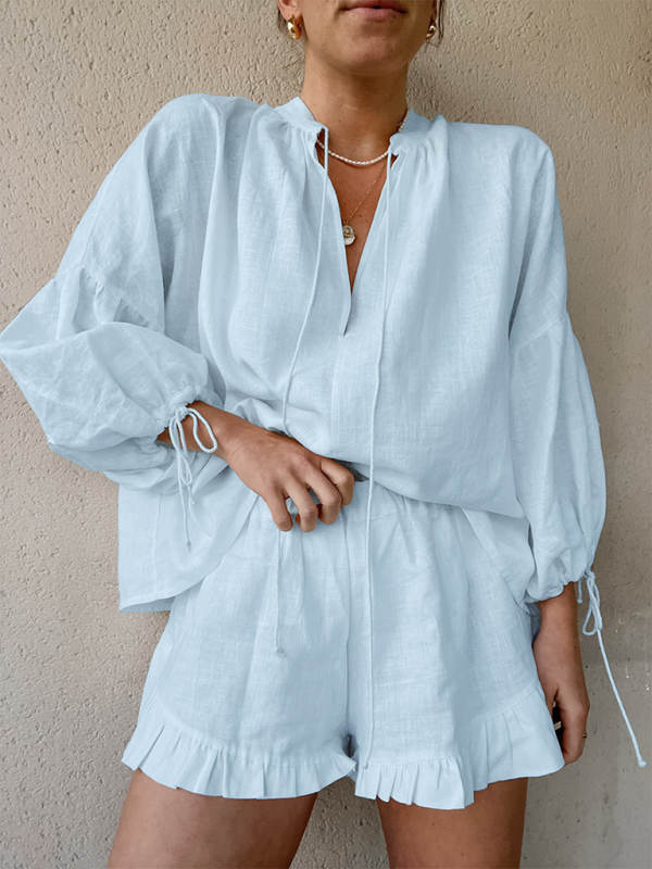 Levoire | Mode unicolore loose V décolleté à manches courtes lacé taille haute shorts ensemble deux pièces