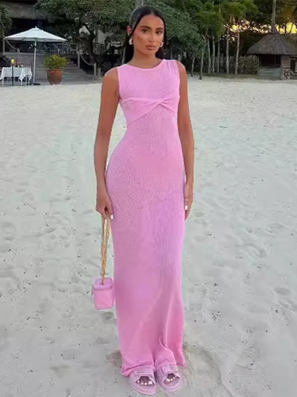 Levoire | sans manches robe de plage tricotée ajustée à col rond uni Rosa