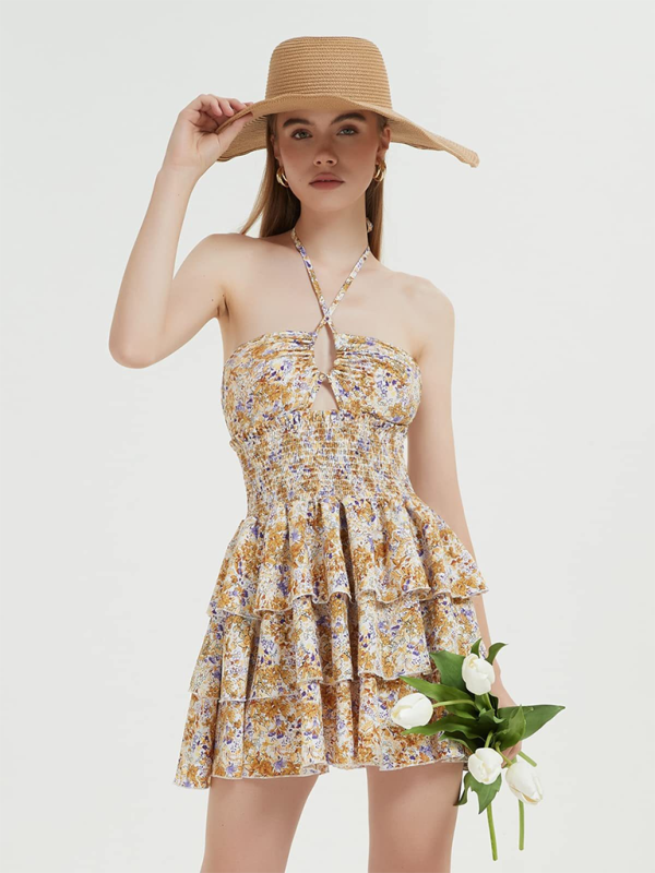 Levoire | Nouvelle impression florale sexy dos nu longueur midi combinaison courte en tulle Khaki