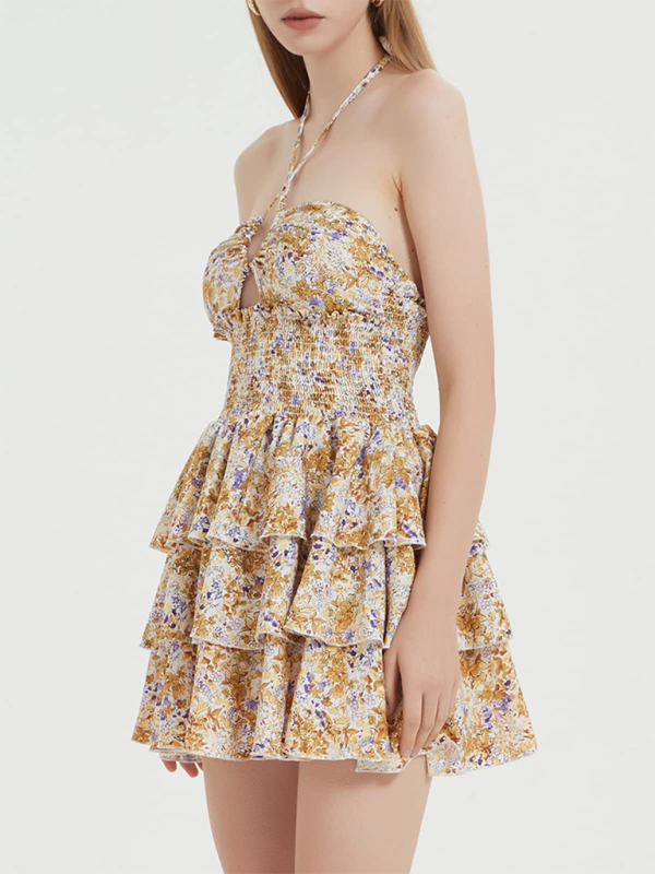 Levoire | Nouvelle impression florale sexy dos nu longueur midi combinaison courte en tulle