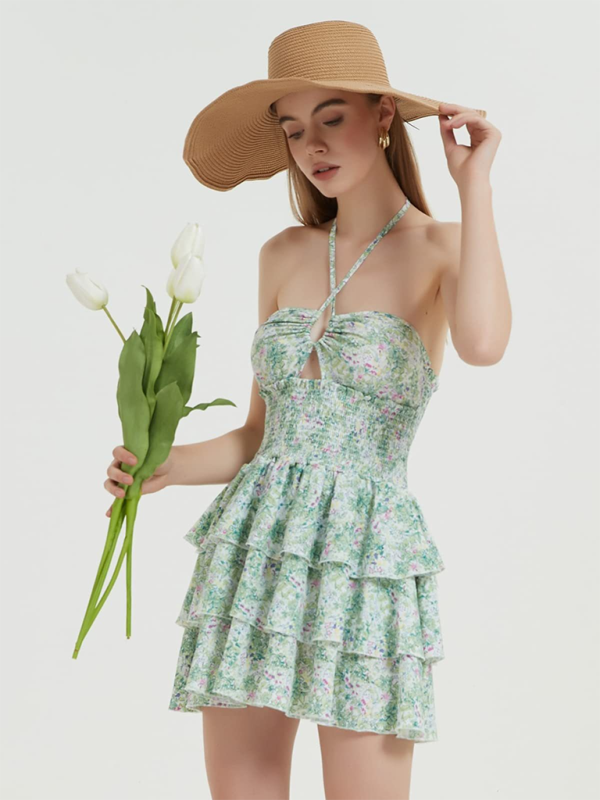 Levoire | Nouvelle impression florale sexy dos nu longueur midi combinaison courte en tulle Vert mousse