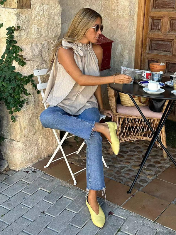 Levoire | Femmes nouvelle décontractée loose volants décolleté sans manches rayé haut Cracker khaki