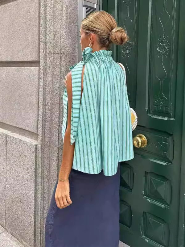 Levoire | Femmes nouvelle décontractée loose volants décolleté sans manches rayé haut Vert