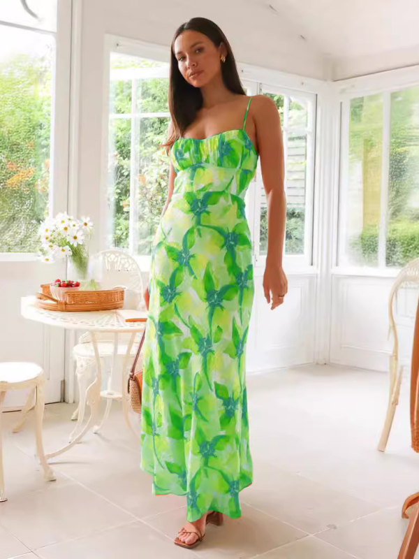 Levoire | Design de fleurs d'été frais et doux, robe midi sans dos Vert