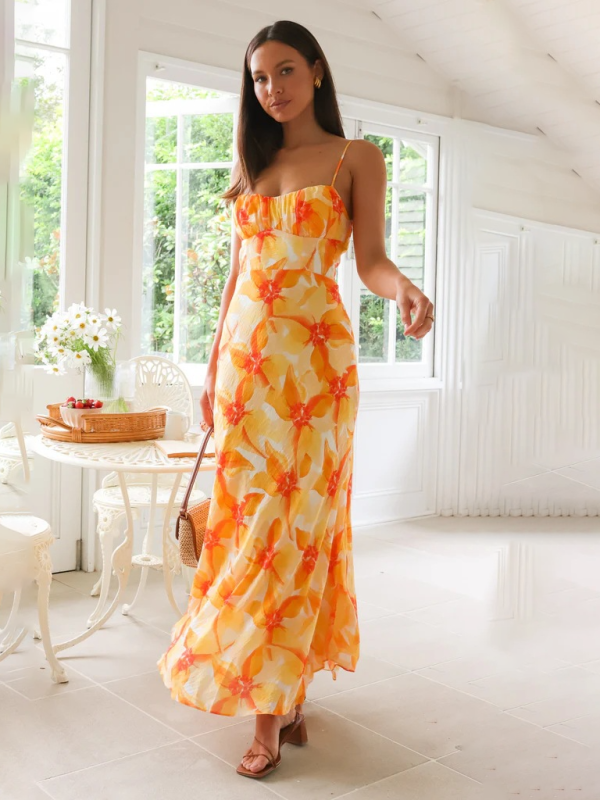 Levoire | Design de fleurs d'été frais et doux, robe midi sans dos Jaune