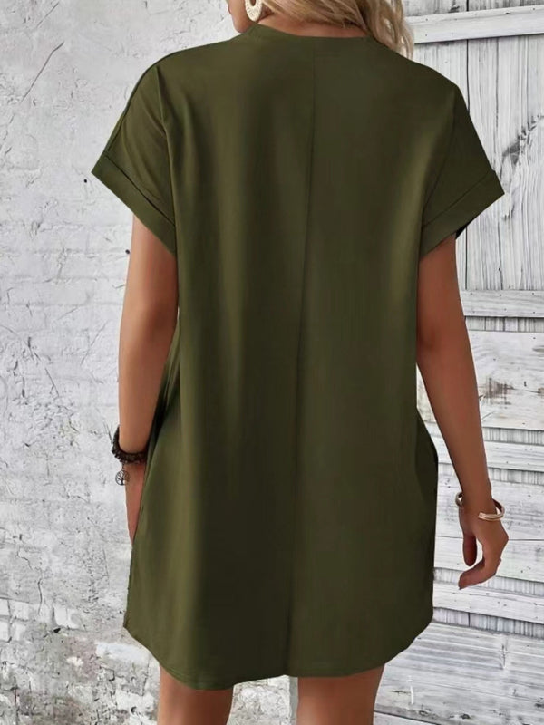 Levoire | Nouvelle robe de printemps et d'été en tissu uni avec col rond, coupe décontractée, manches courtes et poches
