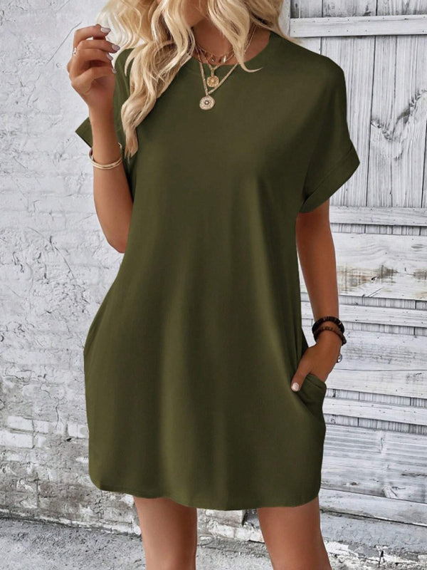 Levoire | Nouvelle robe de printemps et d'été en tissu uni avec col rond, coupe décontractée, manches courtes et poches Vert olive