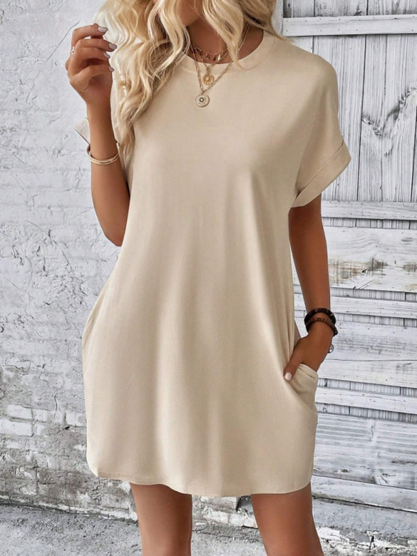 Levoire | Nouvelle robe de printemps et d'été en tissu uni avec col rond, coupe décontractée, manches courtes et poches Cracker khaki