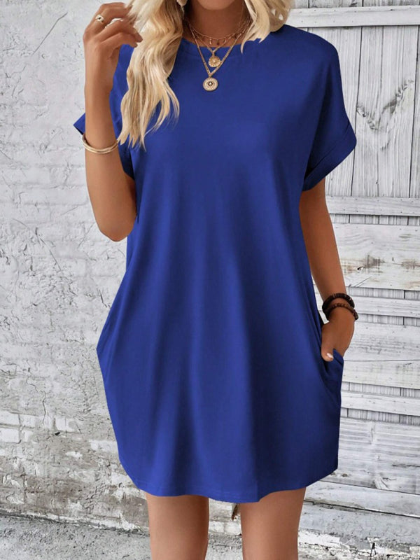 Levoire | Nouvelle robe de printemps et d'été en tissu uni avec col rond, coupe décontractée, manches courtes et poches Bleu
