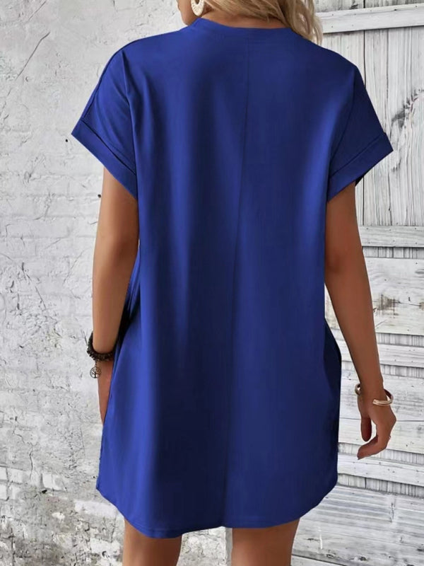 Levoire | Nouvelle robe de printemps et d'été en tissu uni avec col rond, coupe décontractée, manches courtes et poches