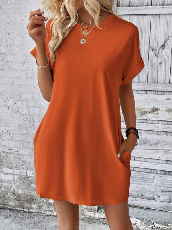 Levoire | Nouvelle robe de printemps et d'été en tissu uni avec col rond, coupe décontractée, manches courtes et poches Orange
