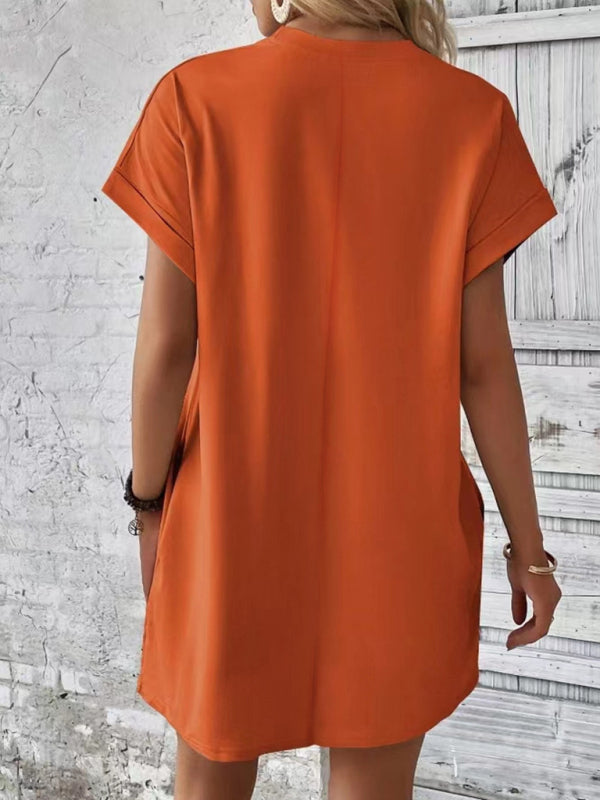 Levoire | Nouvelle robe de printemps et d'été en tissu uni avec col rond, coupe décontractée, manches courtes et poches