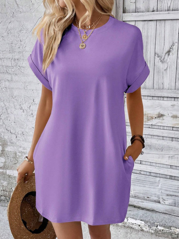Levoire | Nouvelle robe de printemps et d'été en tissu uni avec col rond, coupe décontractée, manches courtes et poches Violet