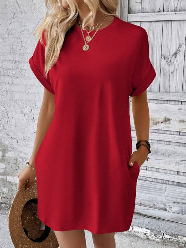 Levoire | Nouvelle robe de printemps et d'été en tissu uni avec col rond, coupe décontractée, manches courtes et poches