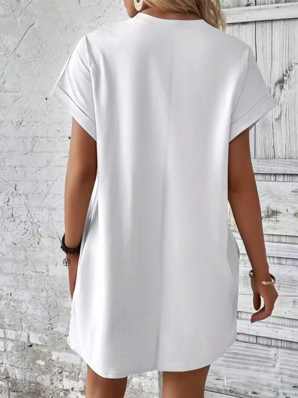 Levoire | Nouvelle robe de printemps et d'été en tissu uni avec col rond, coupe décontractée, manches courtes et poches