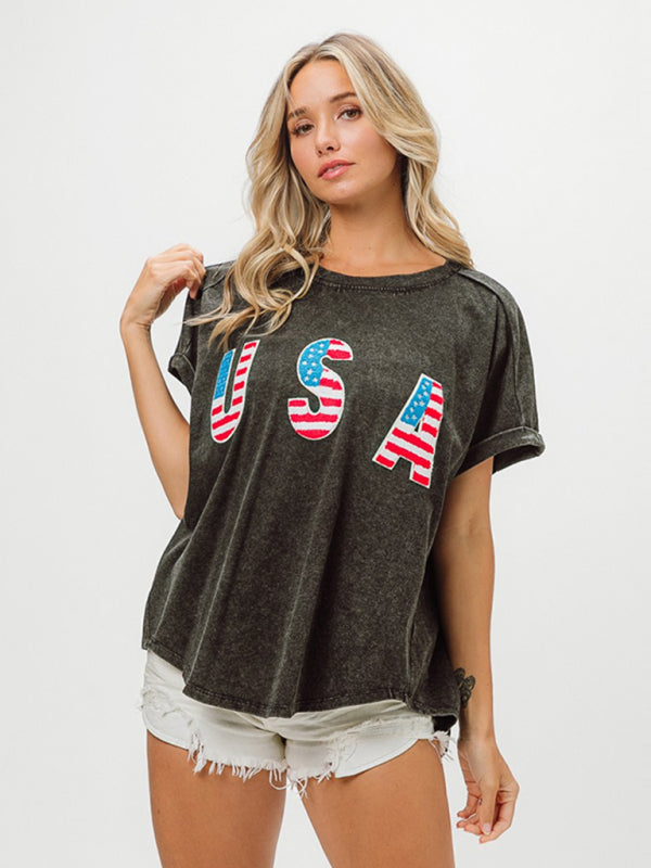 Levoire | Femmes Jour de l'Indépendance Lettres Anglaises Manches Courtes T-shirt Tops