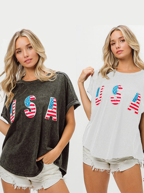 Levoire | Femmes Jour de l'Indépendance Lettres Anglaises Manches Courtes T-shirt Tops Noir