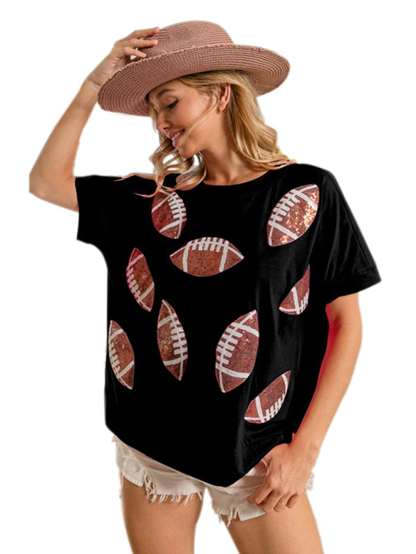 Levoire | T-shirt à col rond à manches courtes en paillettes d'été lâche
