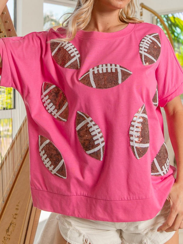 Levoire | T-shirt à col rond à manches courtes en paillettes d'été lâche Rosa