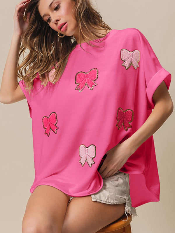 Levoire | Nouveau top à manches courtes avec nœud-fabric-canne-paillettes-broderie Rosa